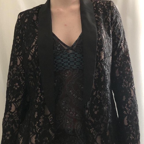 Vintage Oasis Black Lace Blazer With Soft Shoulder Pads Size 8 - Picture 2 of 6