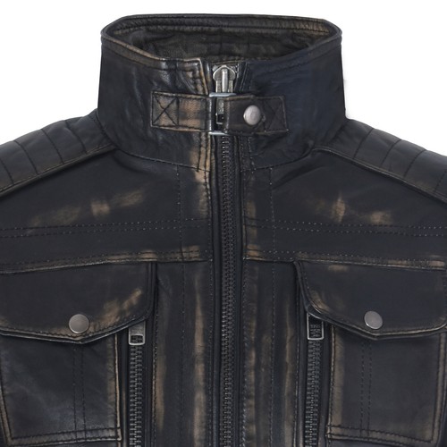 Men's Racer Vintage Black 100% Leather Retro Biker Jacket Distressed Motorcycle - Picture 4 of 5