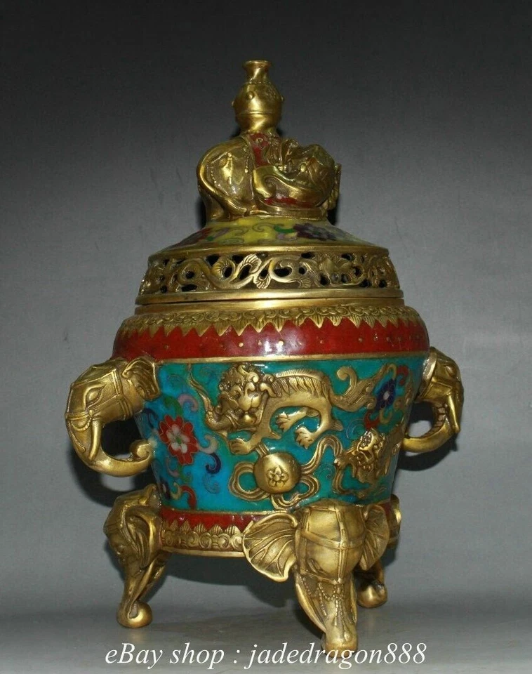11.2" XuanDe Marked China Copper Cloisonne Elephant Foo Dog Incense Burner - Image 4 of 4