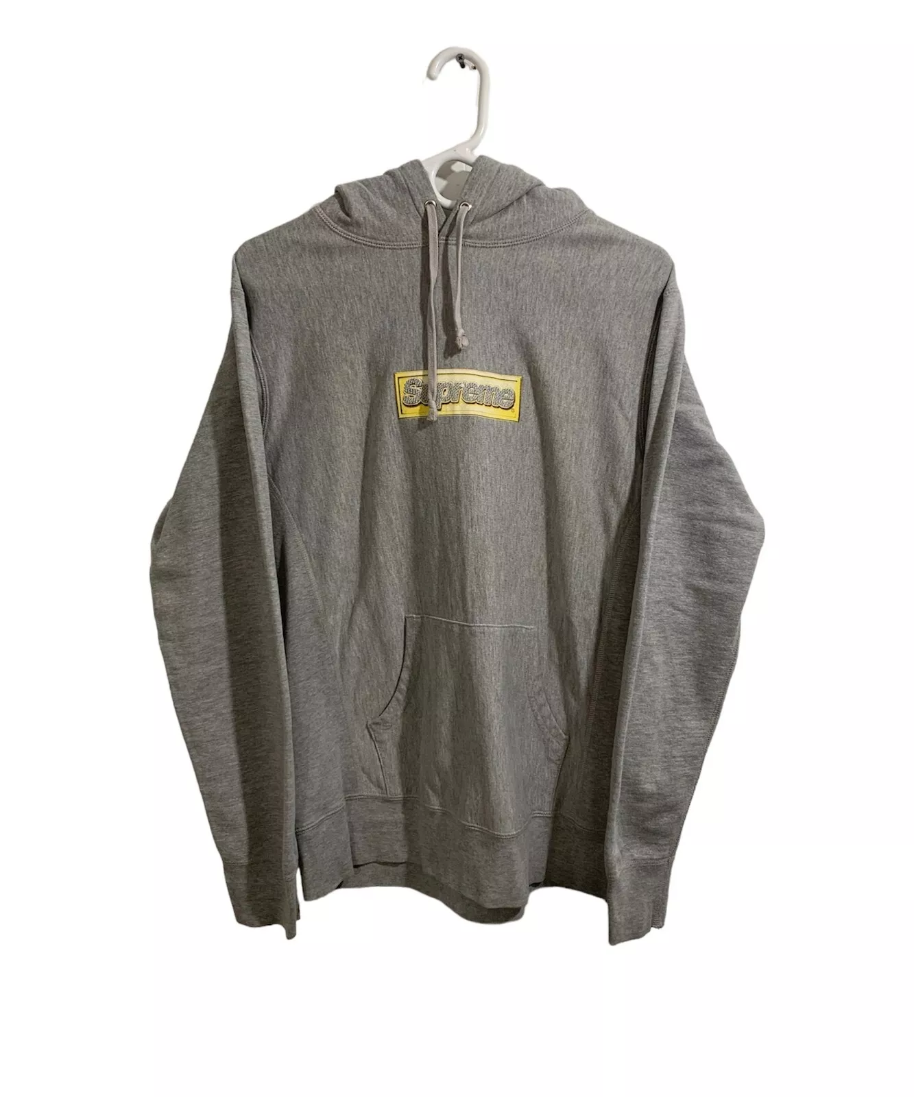 2013 SS13 SUPREME BLING BOX LOGO SWEAT SHIRT À CAPUCHE GRIS OR MOYEN   PETIT DÉFAUT