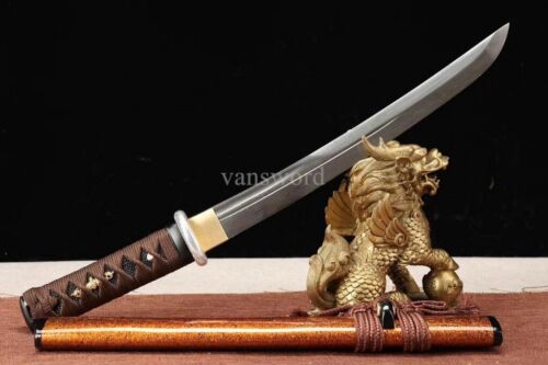 Japanese Tanto Folded Steel UNOKUBI ZUKURI Mini Sword Full Tang Battle ReadyGold - Picture 3 of 10