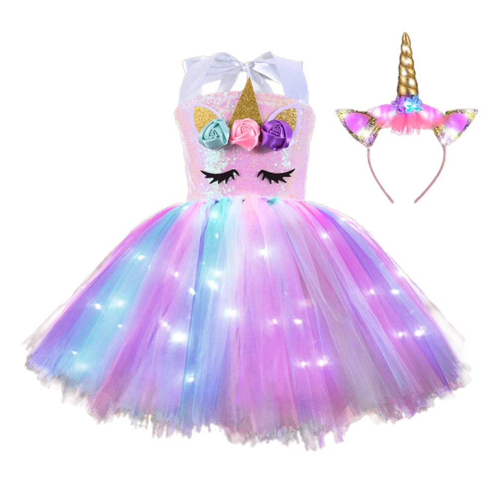 Kid Girl Unicorn Costume LED Light Up Princess Dress Party Birthday Xmas Outfit