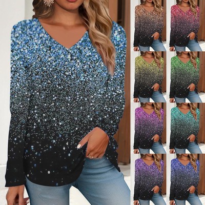 Women's V Neck Long Sleeve Tops 3D Glitter Gradient Printed Tunic Tops Blouse