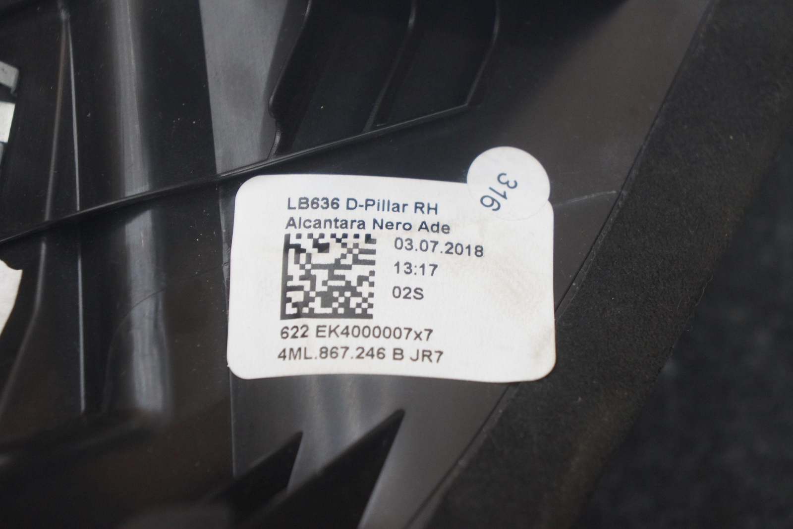 Rear Right D Pillar Interior Trim Panel Black 4ML867246 Lamborghini Urus 2019