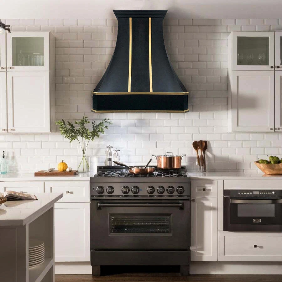 Black Mat Stainless Steel Custom Range Vent Hood kitchen Canopy with Brass  Bands