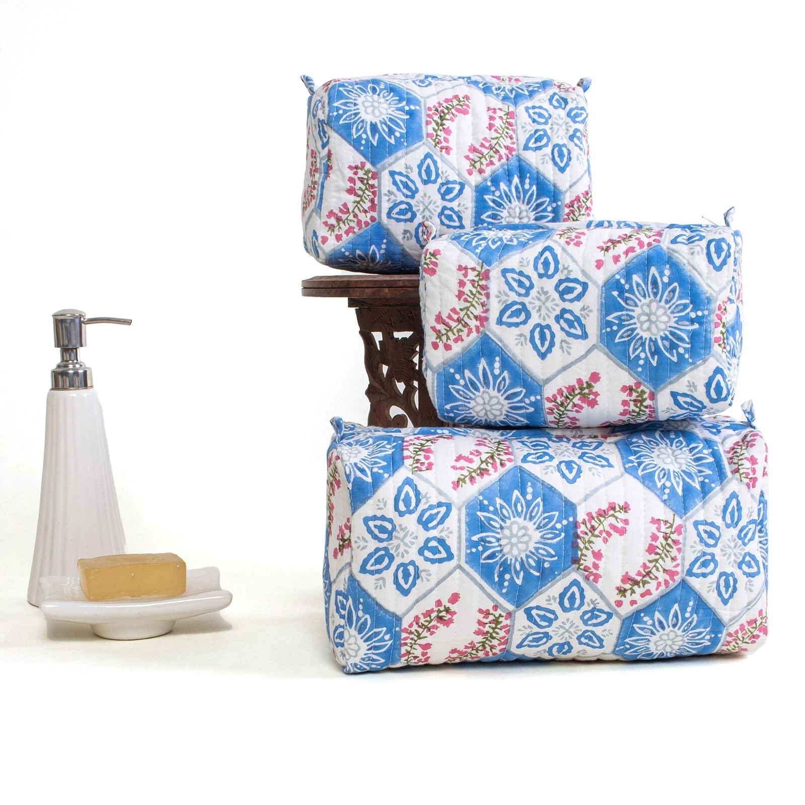 Indian Block Print Cotton Light Makeup Unisex Cosmetics Handmade Toiletry Bag