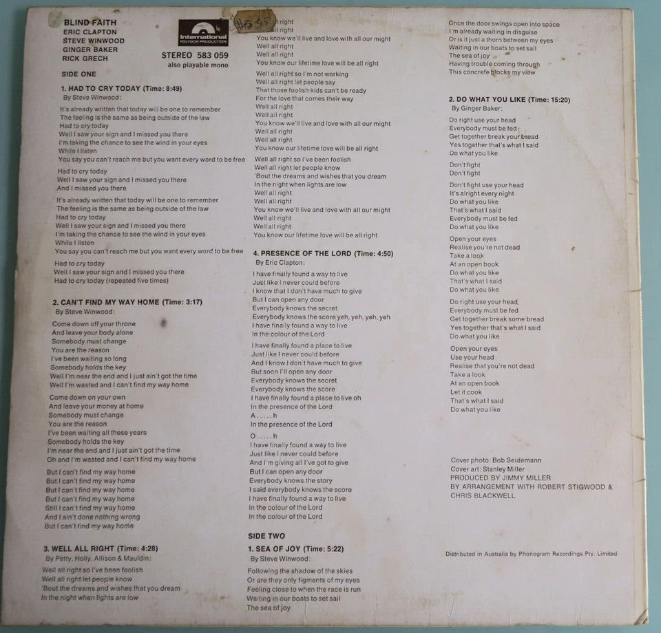 Blind Faith Self Titled Australia pressing 12'' vinyl Lp 1969 rare Clapton - Image 3 of 3