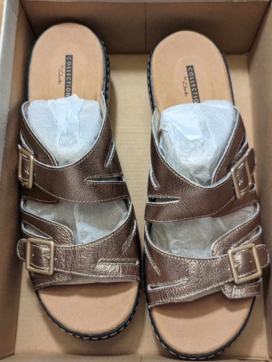 Clarks NIB Delana Liri Pewter Metallic 10 W Wide Sandal Slide Leather Platform