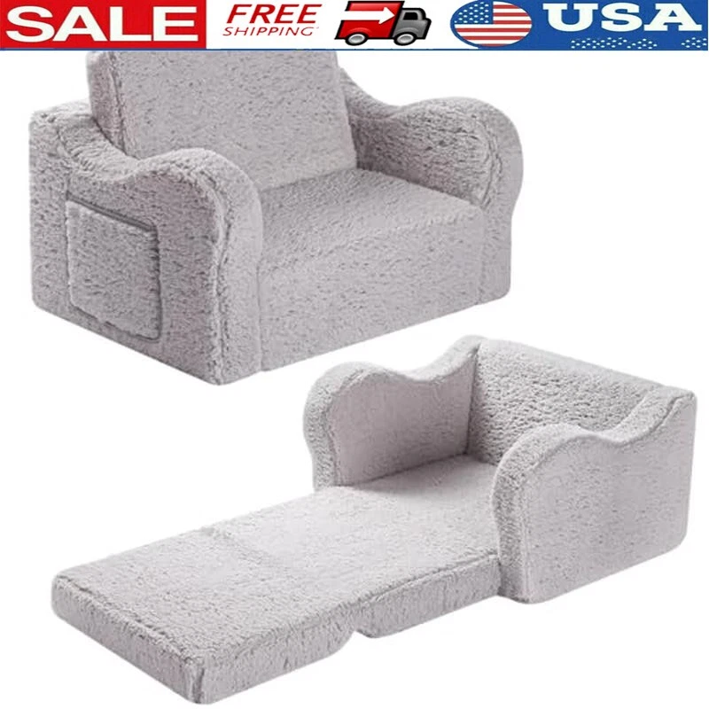 Kids Soft Sherpa Couch 2-in-1 Convertible Sofa Toddler Lounger Chair Nap Pad New