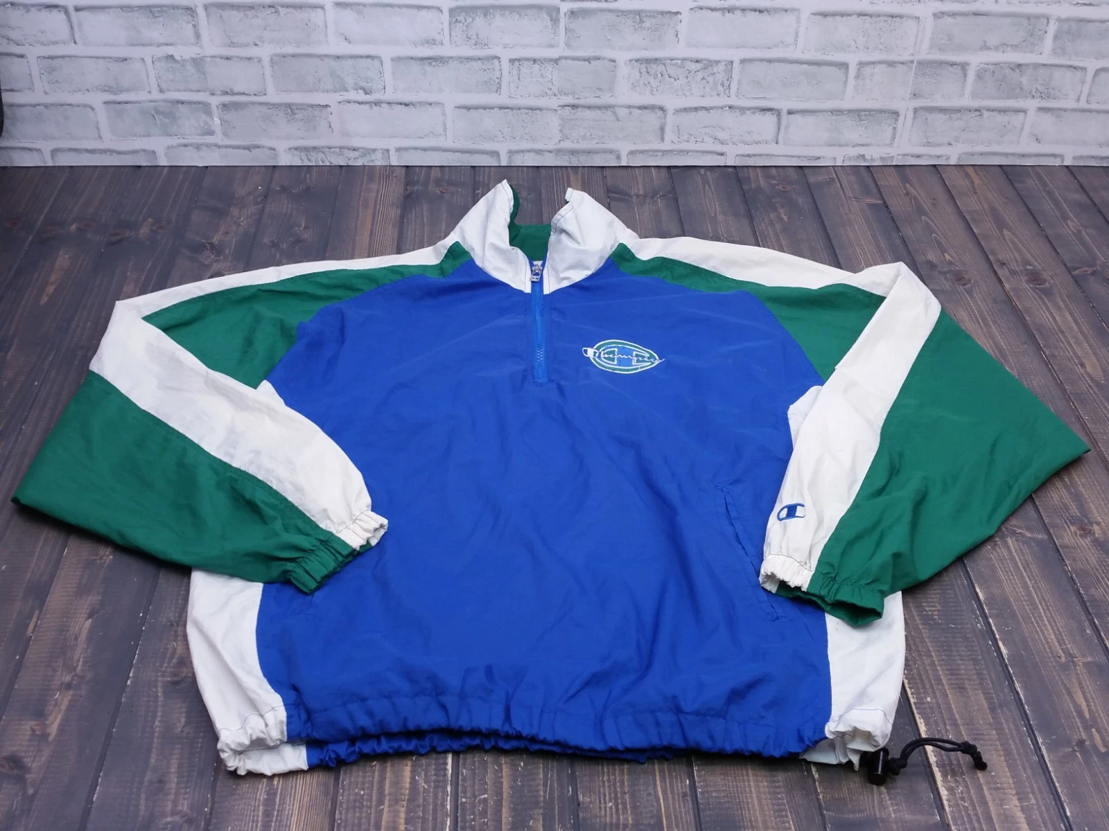 Vintage Champion Green / White / Blue Windbreaker Size L - Large Logo On Back