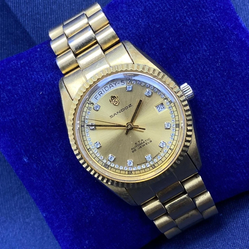 Raro Reloj Sandoz President Automático ETA Esfera Suiza Oro Diamante Día Fecha Hombres Foto 4 de 4