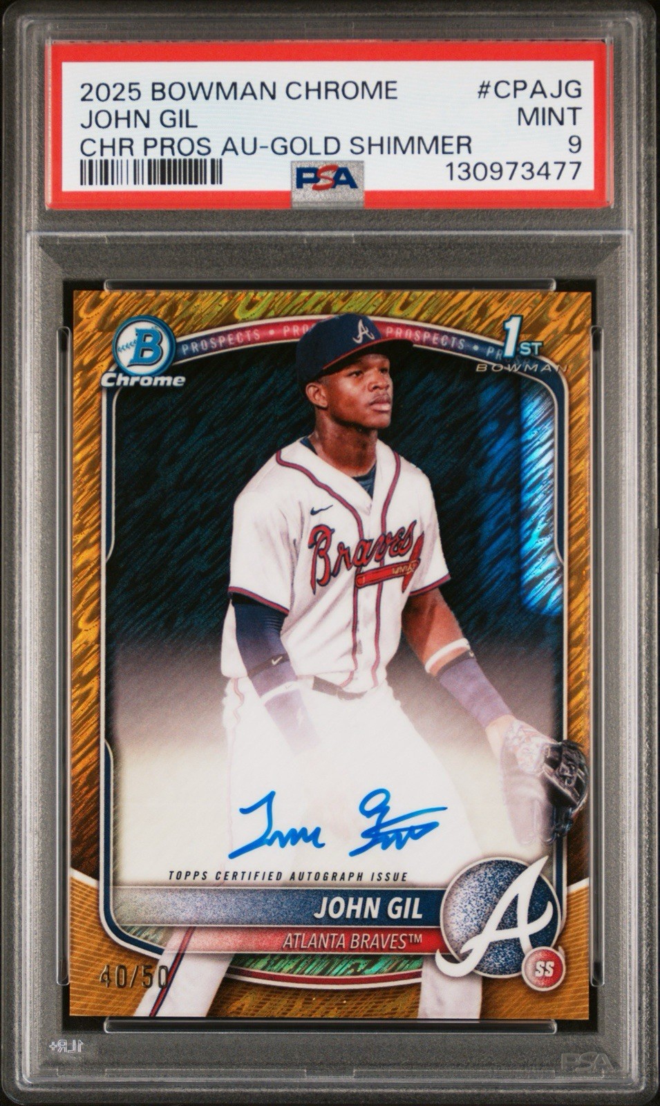 2025 Bowman Chrome - John Gil 1st Bowman Prospect Auto Gold Shimmer /50 PSA 9