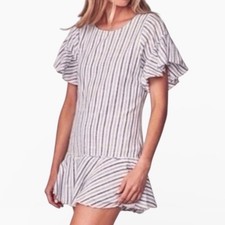 LoveShackFancy Womens Blue White Striped Ruffle Sleeve Cotton Mini Dress Size M
