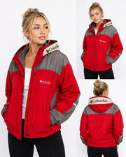 Columbia Women  s Red/Gray Colorblock Hooded Full Zip Windbreaker Jacket M