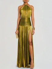 Stunning Metallic Pleated Halter Neck Open Back Side Slit A-Line Maxi Dress