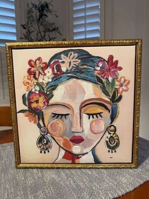 Frida Kahlo Abstract Canvas With Embellishment And Pop Of Color Gold Frame 12x12