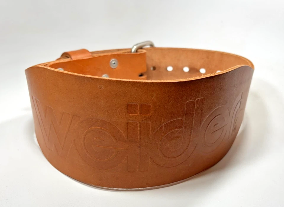 Cinturón de Ejercicio Weider Levantamiento de Pesas Cuero Grueso Tostado y Cromo Talla Pequeña 25-28 Foto 4 de 4