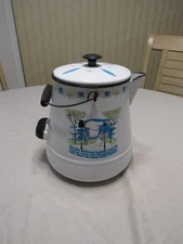 VTG White Black Blue Trim Enamel Cowboy Coffee Kettle Farmhouse Campfire