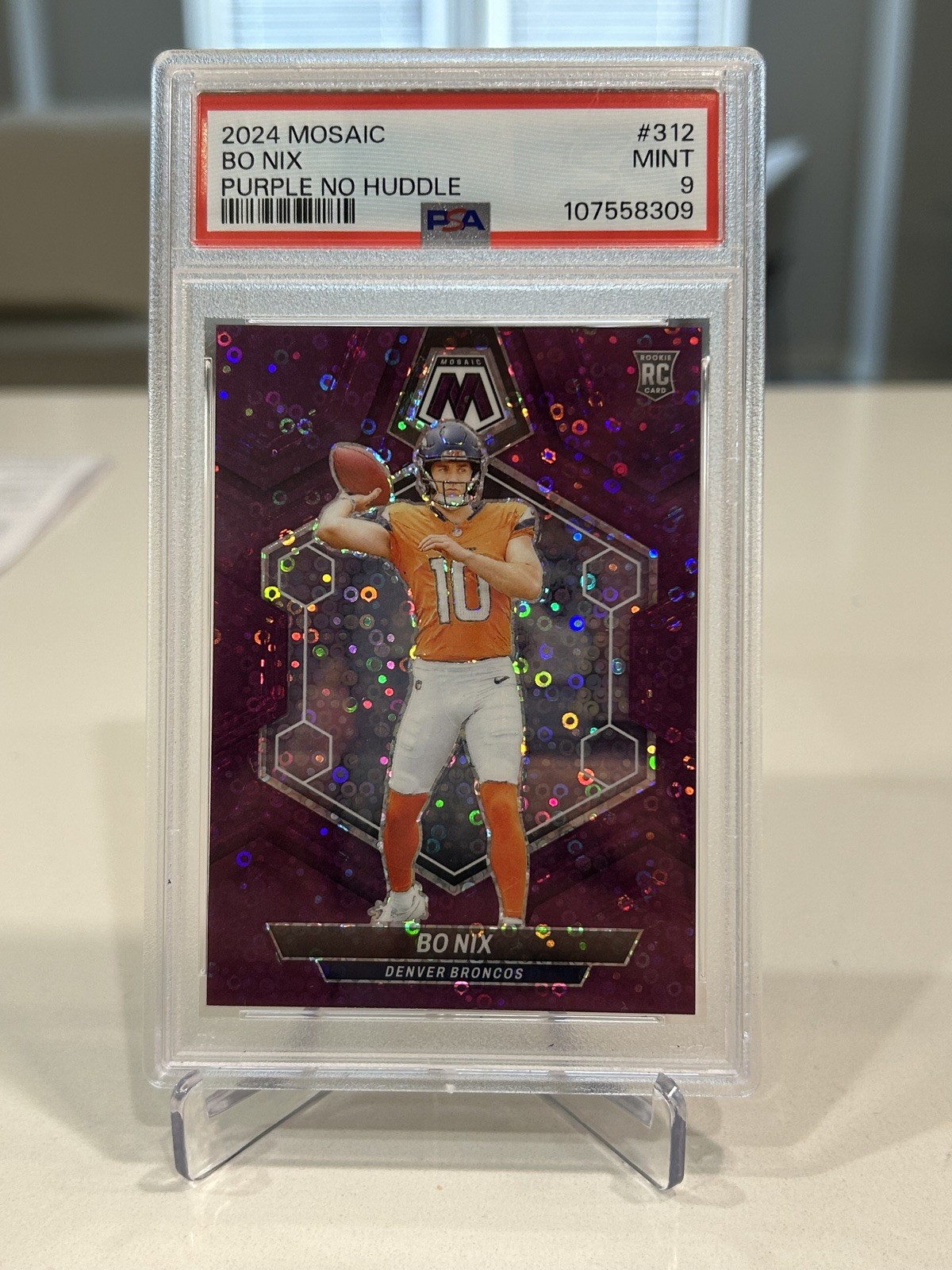 2024 Panini Mosaic NO HUDDLE PURPLE MOSAIC PRIZM 312 Bo Nix RC #39/50 PSA 9 MINT