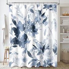 Navy Blue Floral Shower Curtain 72x72 Inch Spring Summer Watercolor Fabric