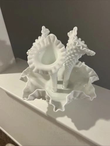 Vintage Fenton Epergne White Milk Glass Hobnail Ruffled 3 Horn Vase