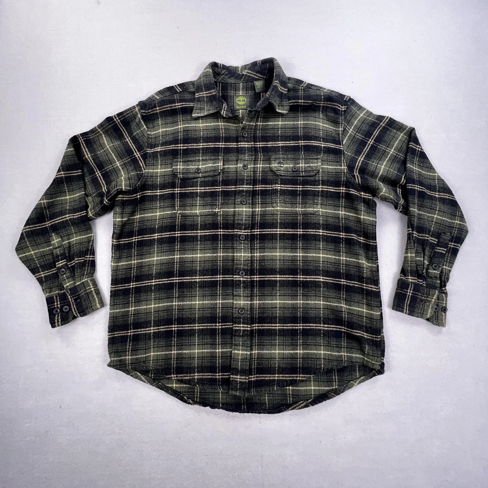 Timberland Shirt Mens Large Green Plaid Flannel Button Front Outdoor Casual Camp