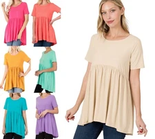 Women's Round Neck Empire Waist Shirring Short Sleeve Baby Doll Rayon Top Tunic