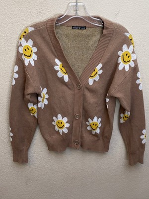  Nikka K Flower Power Daisy Smiley Face Brown Button Up Sweater Cardigan S