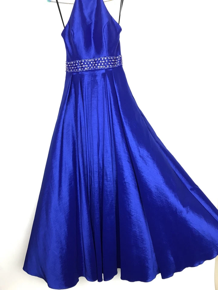 Alyce Paris Royal Blue Bling Halter Prom Dress Princess A-Line Taffeta Size 4 - Image 2 of 4