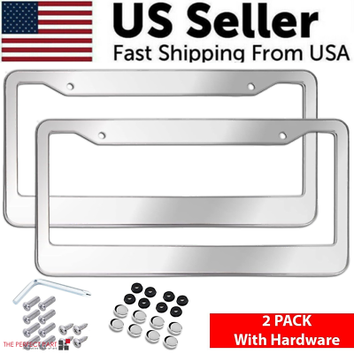2-Pack Stainless Steel License Plate Frames - Rustproof Universal Cover With Screws & Caps (Silver)