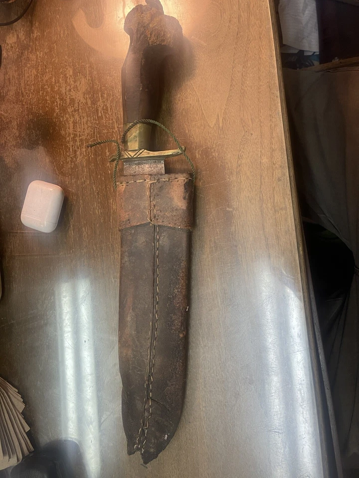 Cuchillo Bowie India de colección hoja fija supervivencia funda de cuero antiguo - ¡MUY RARO! Foto 2 de 4