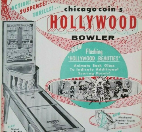 Pièce de Chicago Hollywood Bowler Arcade FLYER 1955 original NEUF jeu Shuffle Alley - Photo 1 sur 10