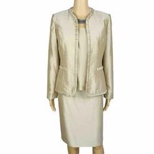 Kasper Polyester Skirt Suit Top Size 4 Gold Lined Open Front Faux Pockets 3PC