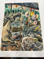 LESLIE FLIEGEL Original Signed Modern Watercolor Painting, Carousel Outside NYC