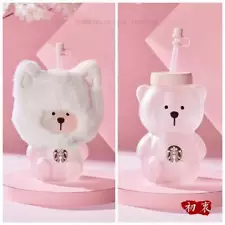 New 2021 China Starbucks Pink Sakura Cat Cap Bear 19oz Glass Straw Cup Tumbler