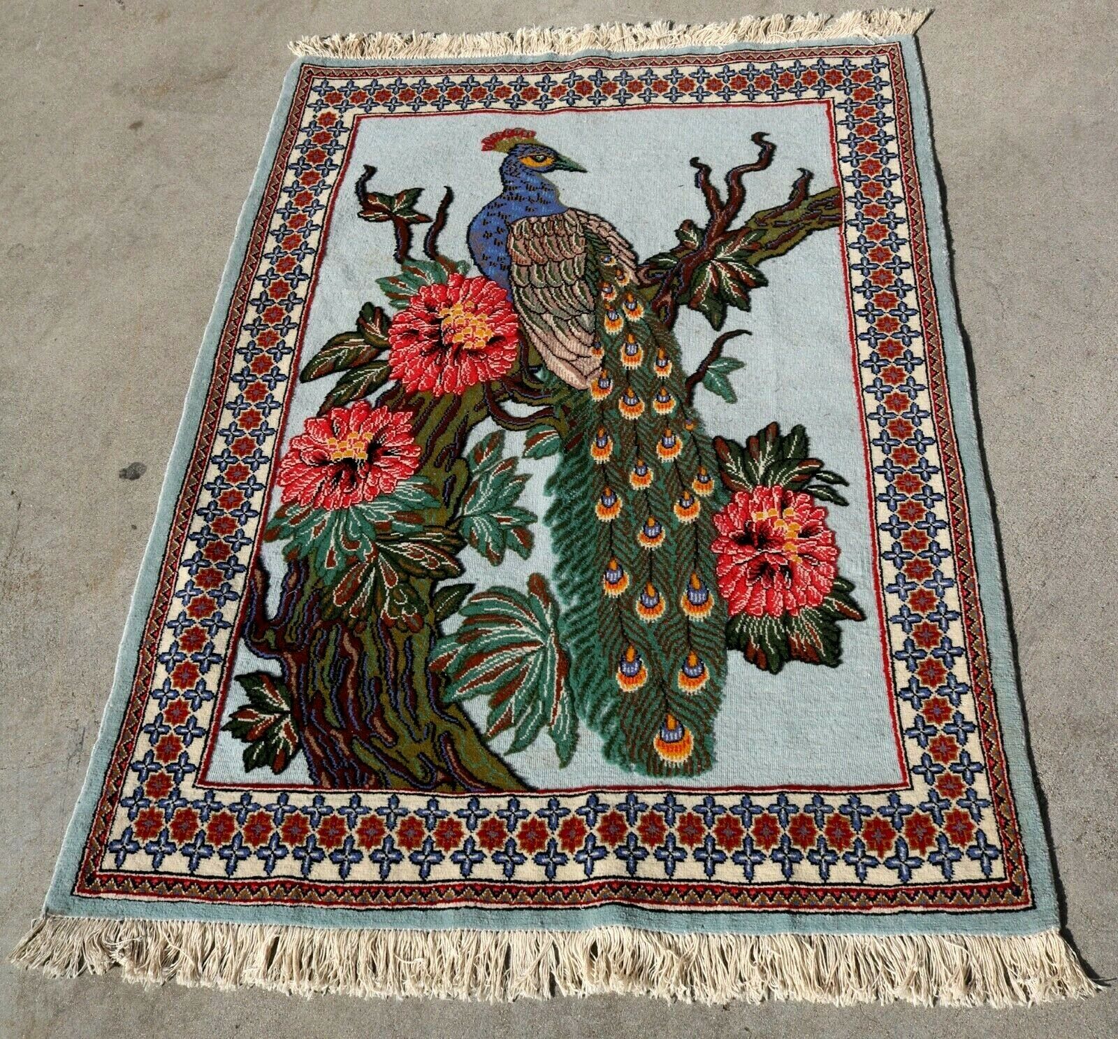 Beautiful Vintage Hand Woven Wool Islamic Rug With Peacock Design