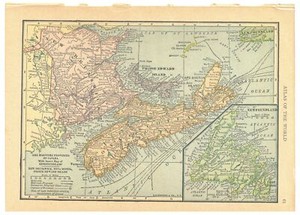 1908 Vintage Atlas Map Page - Quebec on one side and Newfoundland New Brunswi...