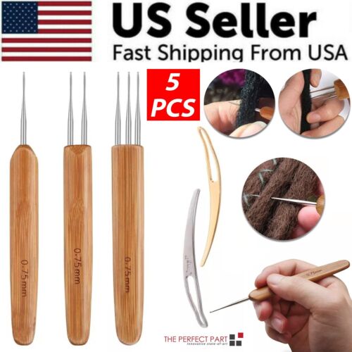 5Pcs DIY Crochet Needle Hook Bamboo Handle Dread Knit Hair Making Braiding Tool - Picture 1 of 19