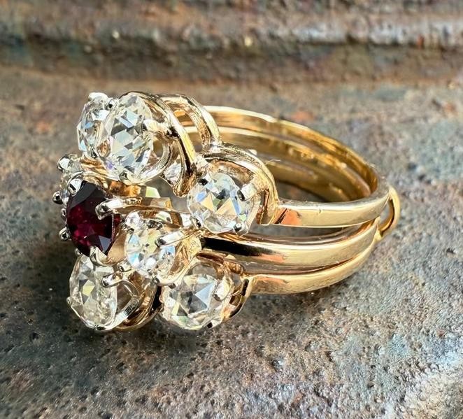 Solid Yellow Gold Round Ruby W/ Large Rose & Old … - image 18