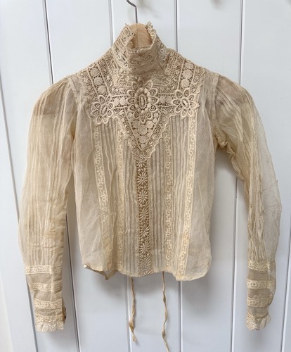 Antique Edwardian High Neck Net Blouse w/ Embroidery Panel & Valenciennes Lace