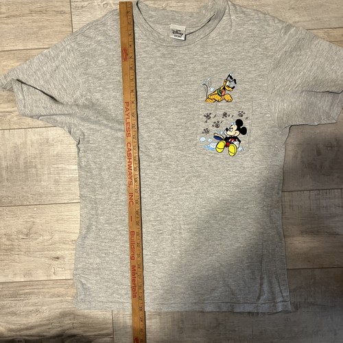 The Disney Store Vintage Gray Pocket Tee Shirt Embroidered Mickey & Pluto - Picture 5 of 6
