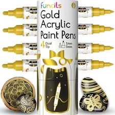 4 Dual Tip Gold Paint Pen Metallic - Fine Tip & Medium Acrylic Paint Markers - G