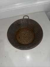 Antique Farmhouse Metal Double Handle Colander Primative Pot Strainer Sifter
