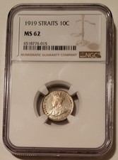 Straits Settlements (Malaysia) George V 1919 Silver 10 Cents MS62 NGC Toning
