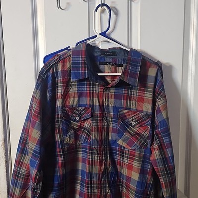Carbon 2XL Men's Red Blue Plaid Slim Fit Long Sleeve Button-Up Shirt