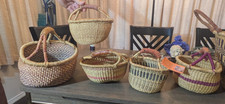 Handwoven African Market Basket Lot 5 Bolga Leather Handles Krugers Basket Tag
