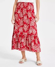 Nautica Jeans Women s Floral Smocked-Waist Midi Skirt, Red, L