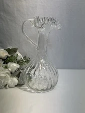 Stunning & Unique Vintage Hand Blown Pitcher/Vase With Ruffled Top & Scrolled Ha