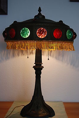Art Nouveau Deco Antique Old Jeweled, Old Table Lamp Glass