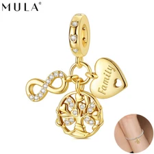 MULA 925 Sterling Silver Golden Family Tree Pendant Charm CZ For Women Bracelet